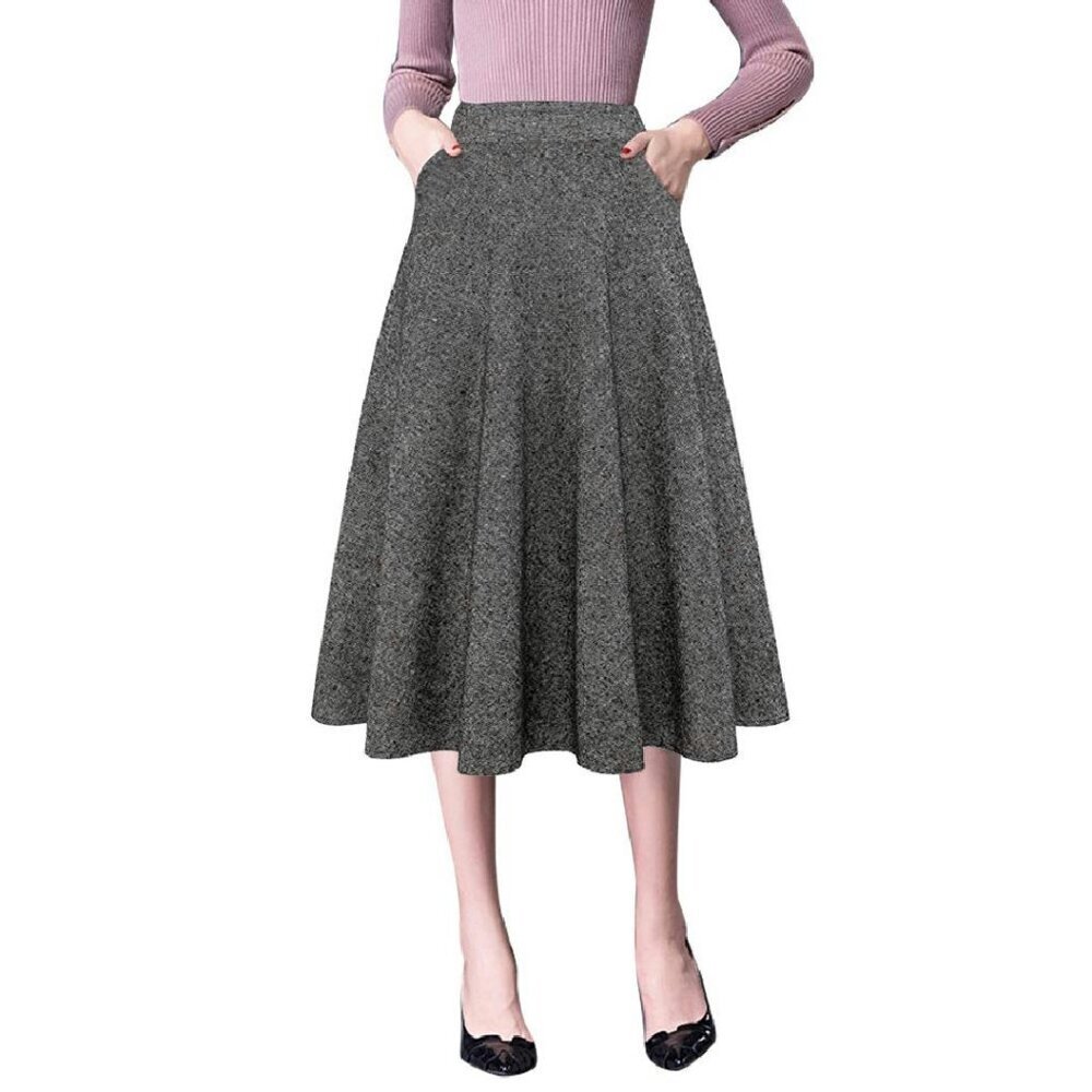 Wool High Waist A-Line Pleated Midi Skirt Fall Winter Casual
